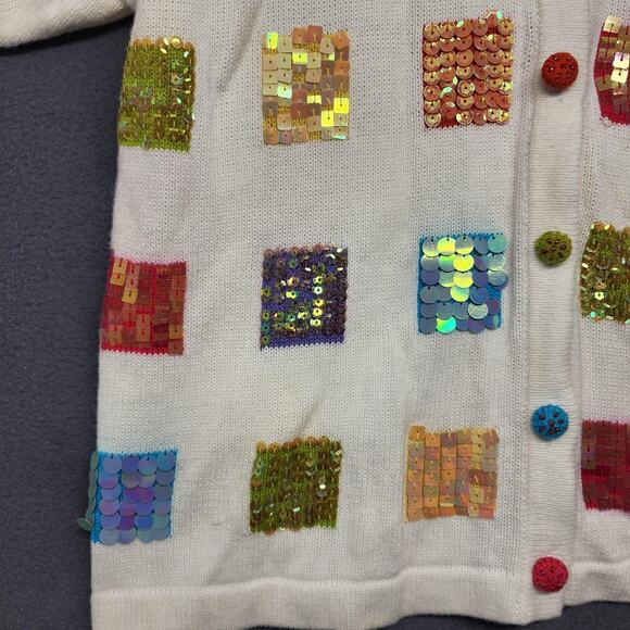 Terazzo Cardigan Sweater Womens Large White Short Sleeve V Neck Sequin Patchwork - Picture 10 of 16